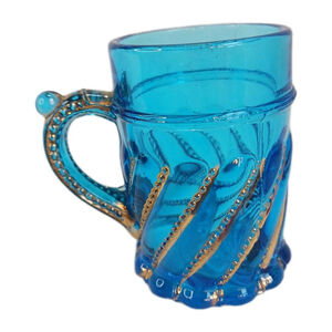 Antique EAPG Bead and Swirl Blue Glass Child's Mug Cup